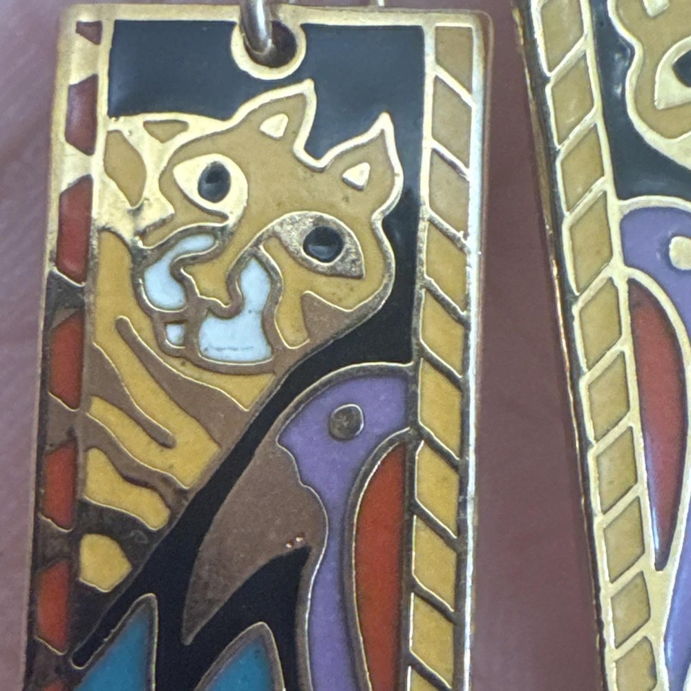 Laurel Burch 1980's"Jungle Friends"Gold Cat Bird Cloisonné Dangle Earrings Rare! - Picture 8 of 13